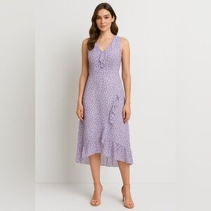 Chetta B Womens Silk Ruffle Midi Dress‎ Purple Animal Print Sleeveless Size 12